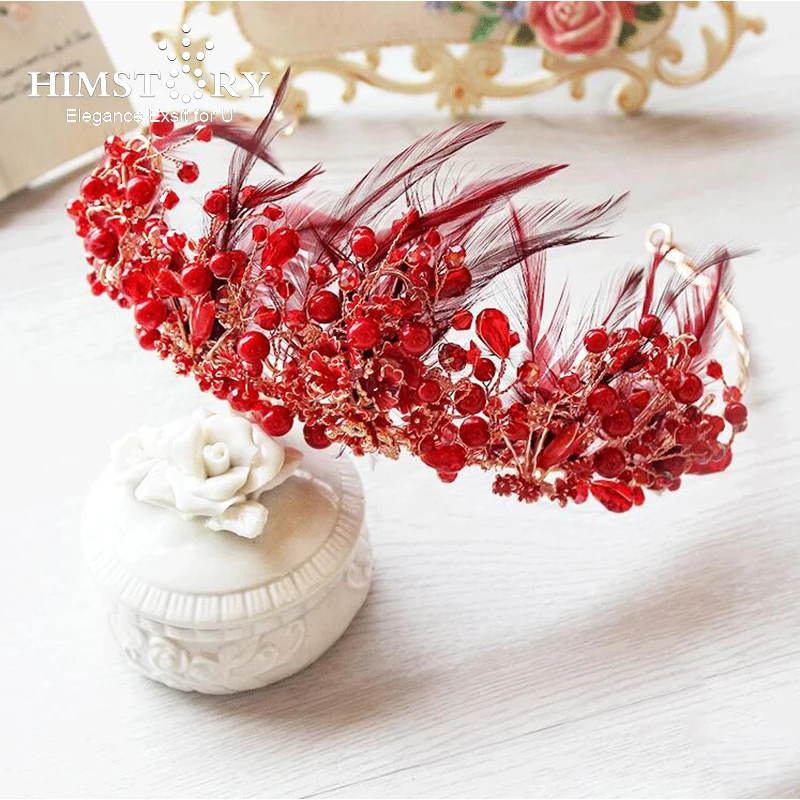 Himstory Gorgeous Hot Red Pearl Feather Hairband Crown Handmade Women Hair Ornaments Wedding Photography Hair Accessories