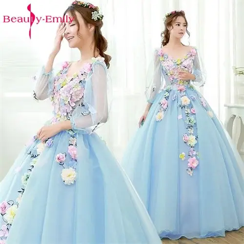 Beauty Emily-Vestido largo azul claro para baile de quinceañera, ropa de princesa para niña, cuello en V, manga corta, con cordones, 2020