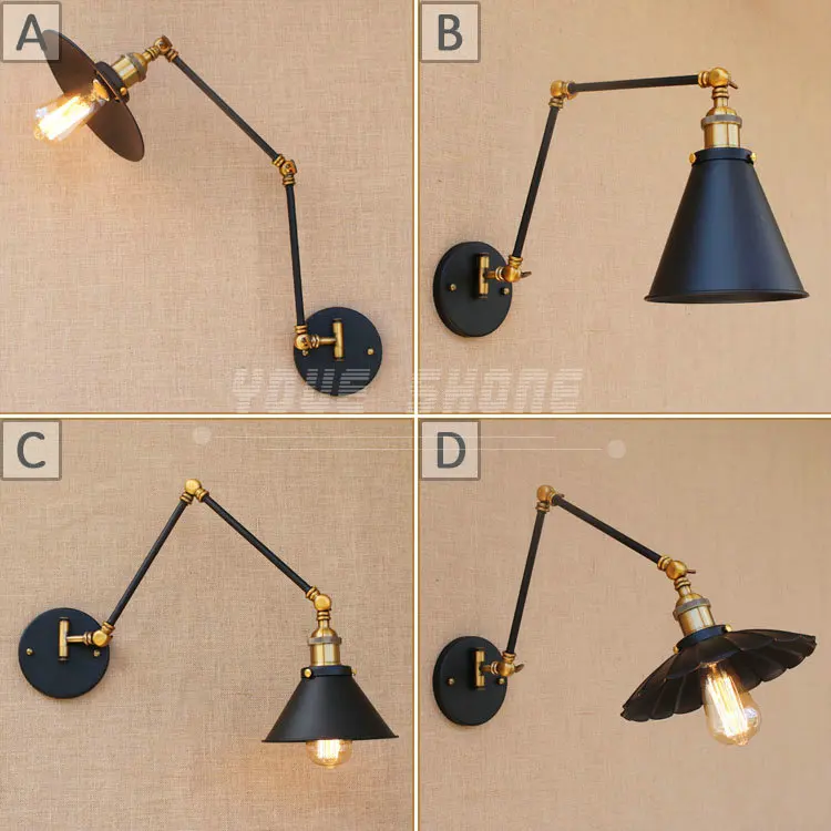 

Loft black industrial metal vintage wall lamp E27 light sconce with adjustable long swing arm for workroom bedside bedroom bar