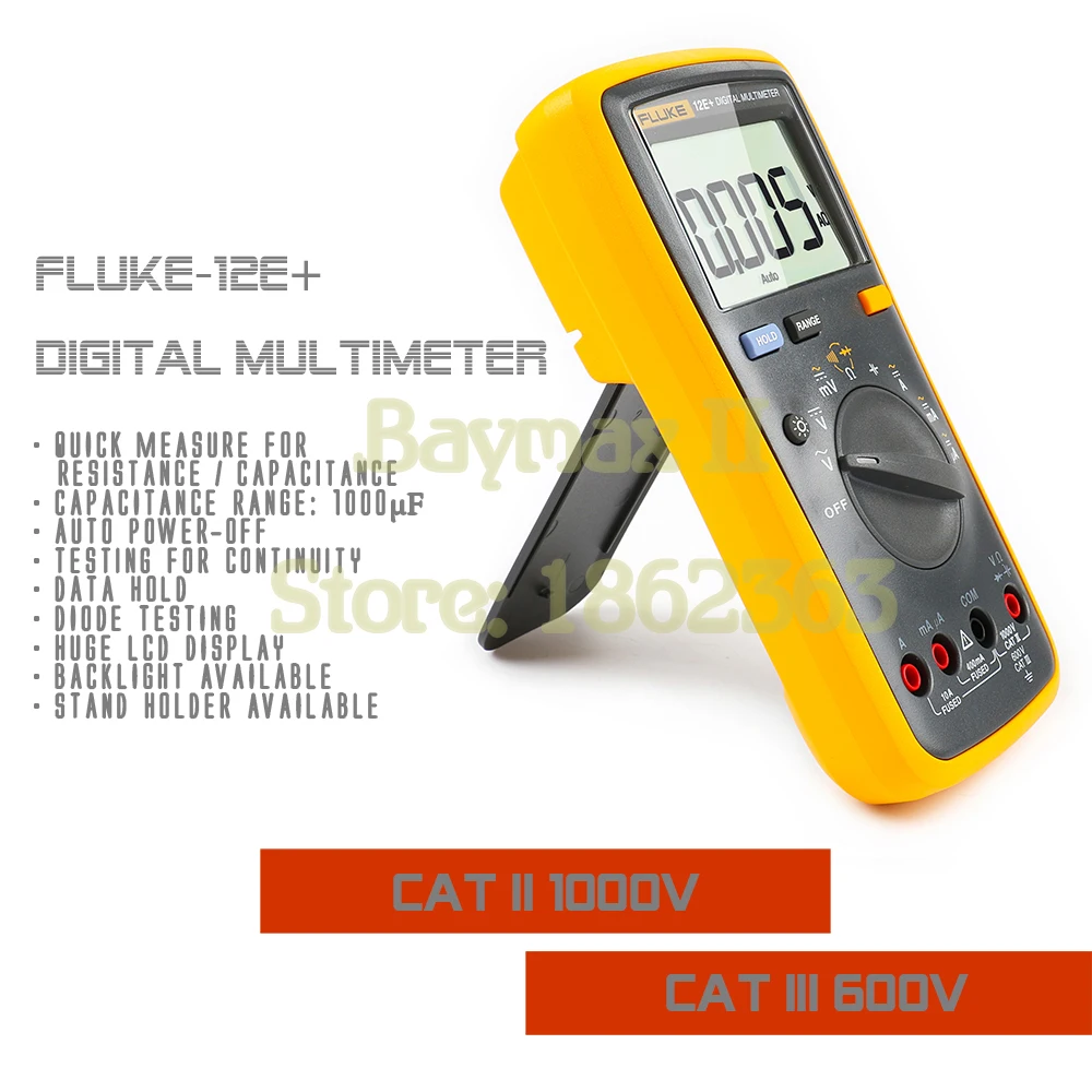 Fluke 12E+ Auto Range Digital Multimeter AC/DC Voltage Current Tester with Ohm, Capacitance, Resistance Measurement & Carry Bag