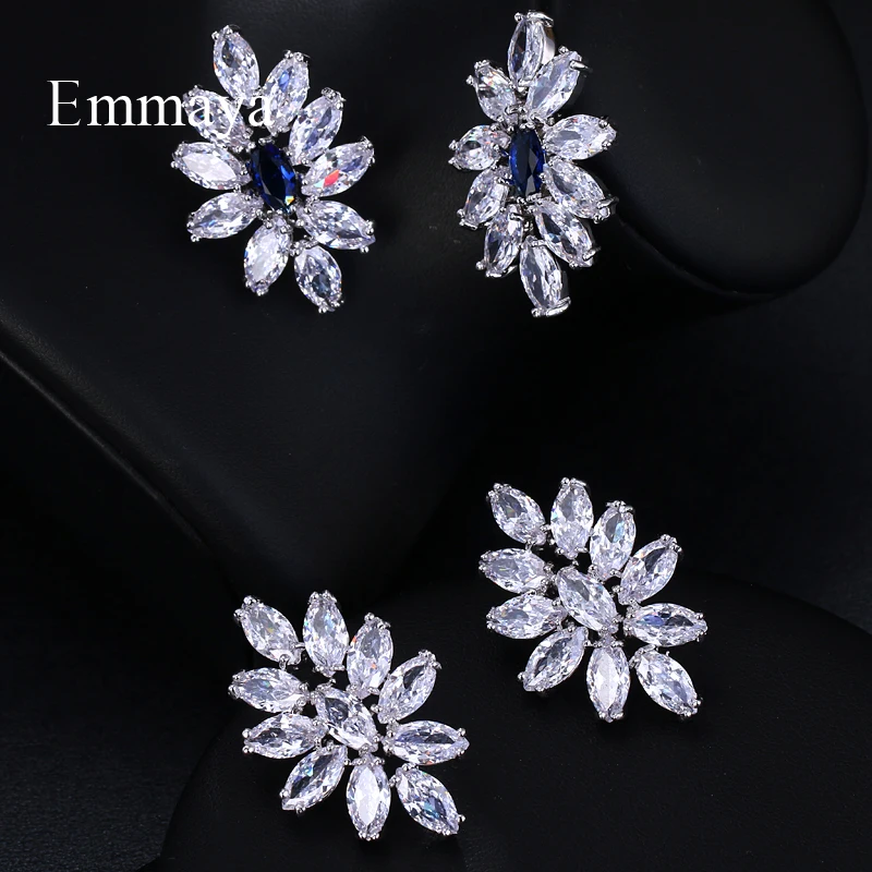 Emmaya Fashion Brand AAA Cubic Zircon Flower Shape Earrings for Women White Blue Colors Crystal Wedding Jewelry Gift Brinco