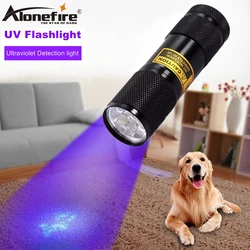 ALONEFIRE 395nm 9 Led luce ultravioletta Cat Dog Pet urina denaro Hotel Scorpion Travel rivelatore UV lampada torcia batteria AAA