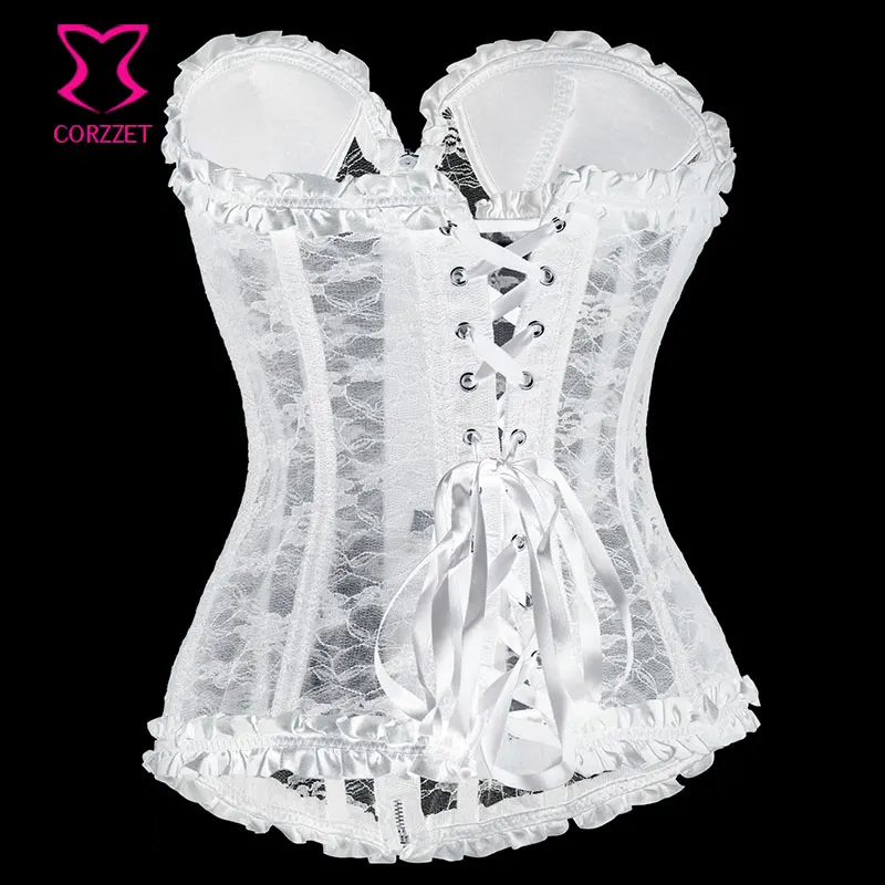 Embroidery Padded Cup White Lace Corset Sexy Gothic Bustier Top Bridal Corpetes Zipper Push Up Corsets Bustiers Wedding Lingerie