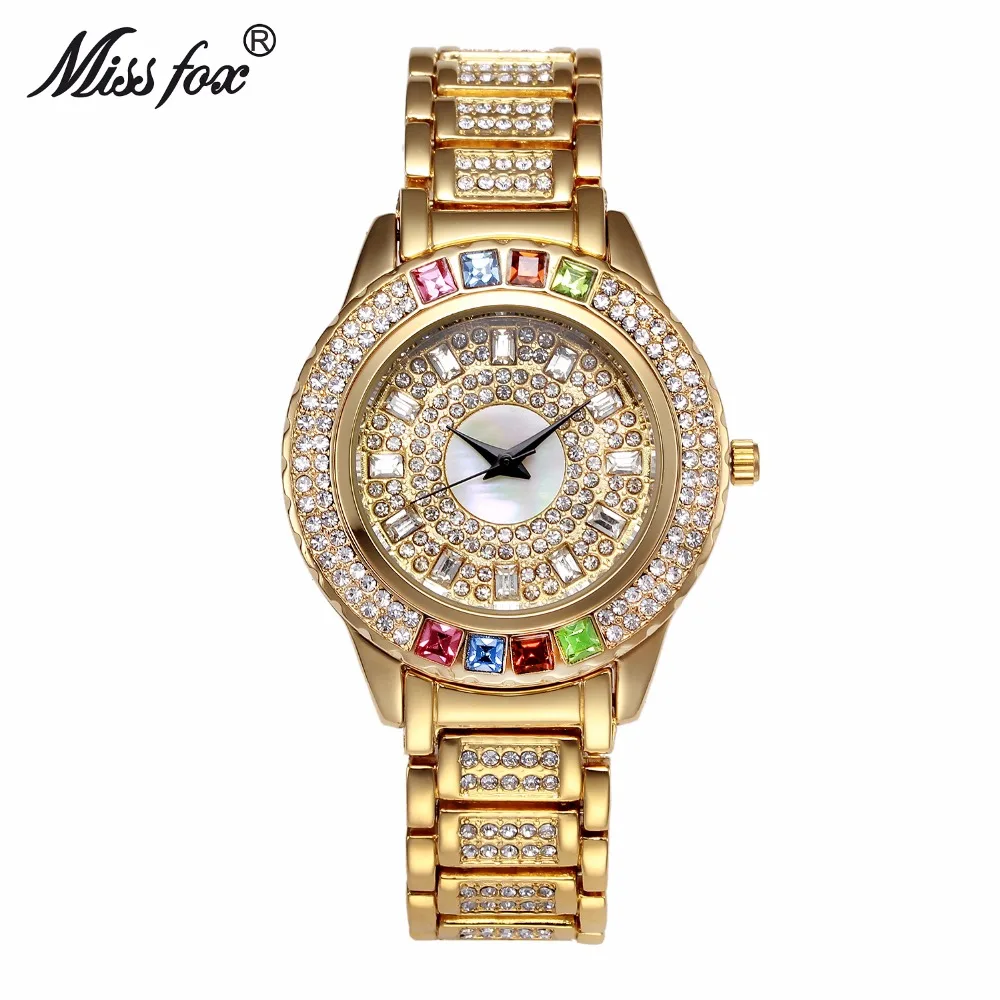 MISSFOX-relojes de fiesta dorados para mujer, reloj de pulsera de cuarzo femenino con diamantes de moda China, marca de lujo