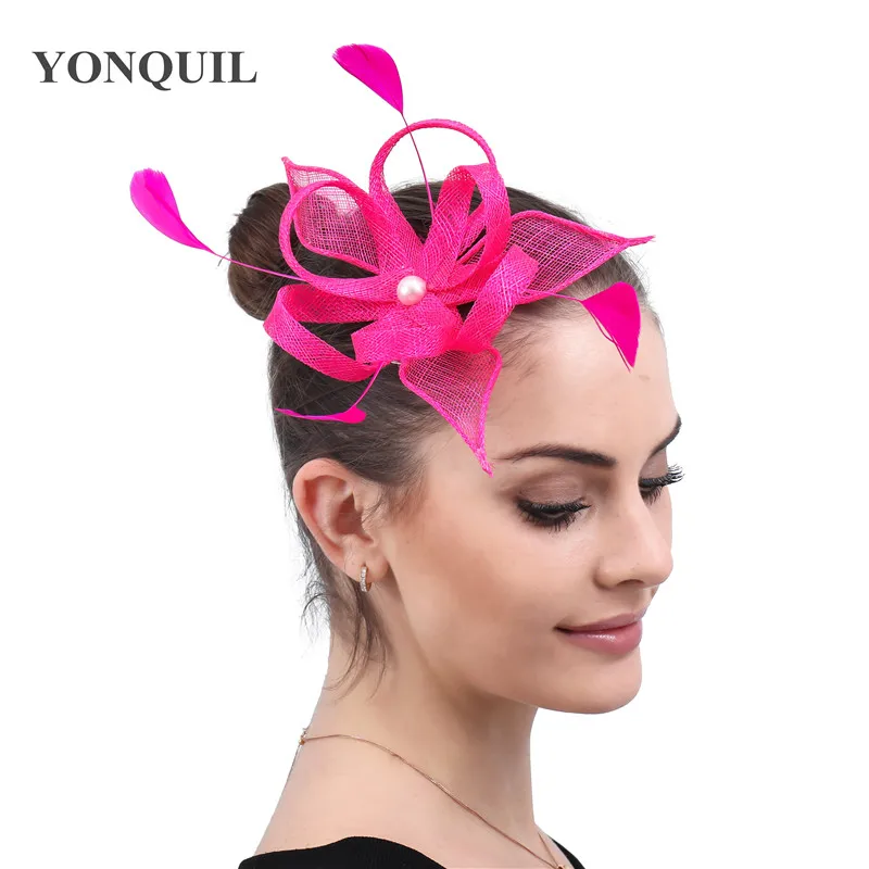 

Hot Pink Sinamay Yarn Mesh Headwear Elegant Women Wedding Fascinator Hat Hair Pin Ladies Cocktail Race Headdress Feathers