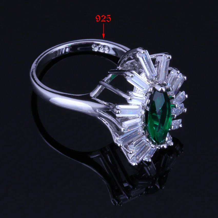 Glittering Green Cubic Zirconia White CZ Silver Plated Jewelry Sets Earrings Pendant Nacklace Chain Ring V0243