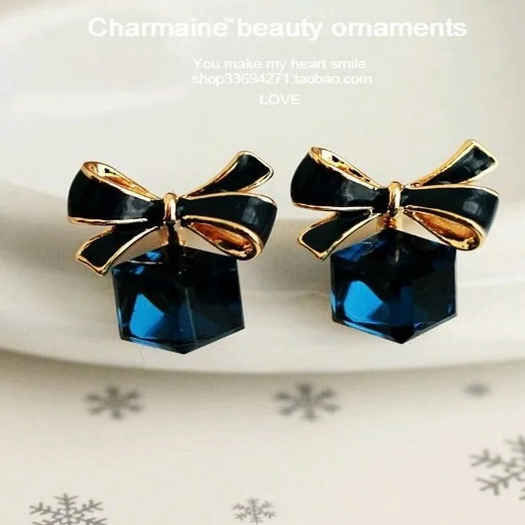 Fashion New Exquisite Crystal Blue Water Cube Box Cube Stone Bow Couple Earrings Jewelry Wholesale Earrings For Women Oorbellen