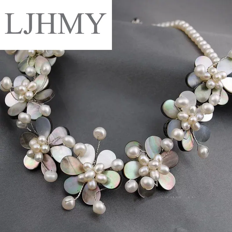 LJHMY Crystal Beads Freshwater Pearl White Sea Shell Flower Necklace for Women Statement Bib Wedding Party Choker Necklace