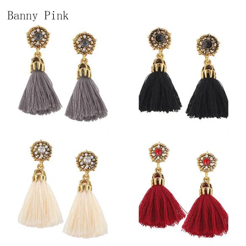 Bohemia Cotton Tassel Studs Earrings For Women Ethnic Geo Pendant Post Earrings Fashion Jewelry Pendientes Chunky Studs Earrings