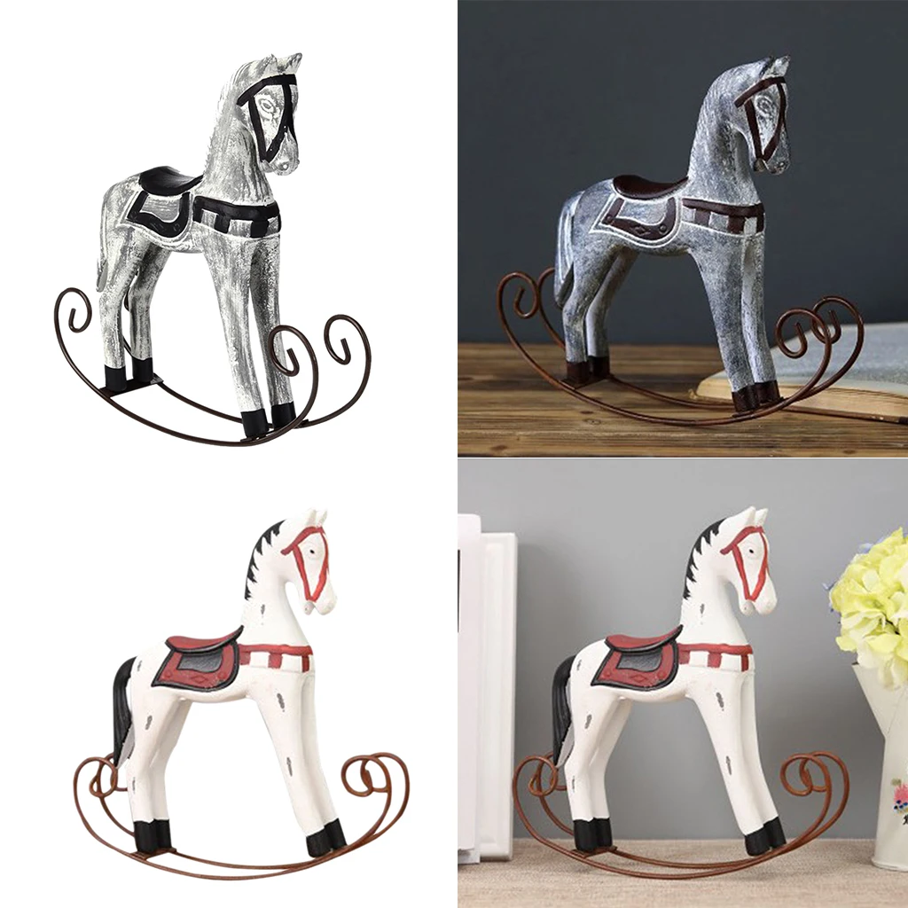 Retro Wooden Crafts Rocking Horse Desk Decor Balance Art Figurines Home Office Decor