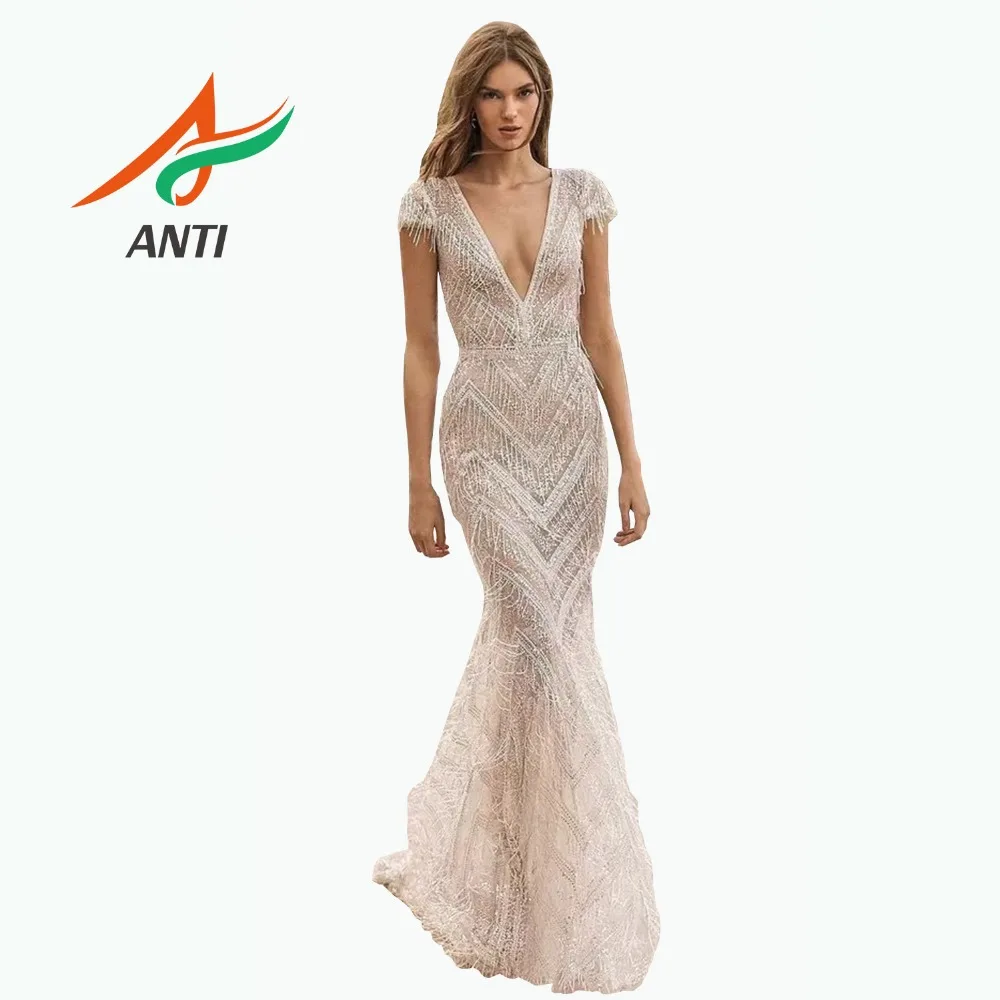 ANTI Dubai Elegant Silver Short Cap Latest Evening Dress Designs 2019 Backless V-Neck Beading Crystal Woman Long Robe De Soiree