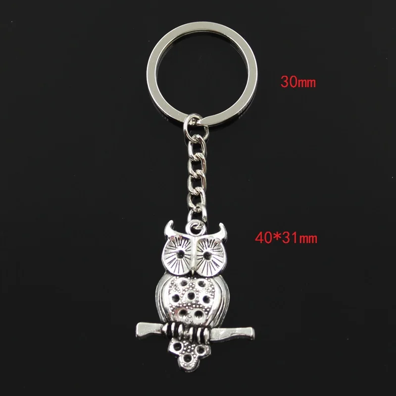 Fashion 30mm Key Ring Metal Key Chain Keychain Jewelry Antique Silver Color Plated Owl Standing Branch 40x31mm Pendant