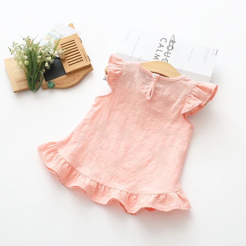 Ruffles Sleeve Lace Flowers Summer Kid Girls Blouses Tops Slub Cotton Baby Girl Shirts for Children Clothing T-Shirt