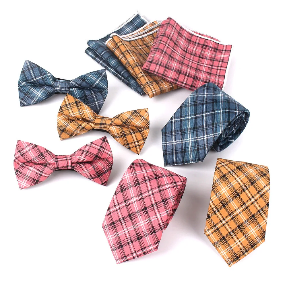 

Men Neck Tie Bow tie Pocket Square Sets Classic Men's Plaid Necktie Set Formal Business Ties