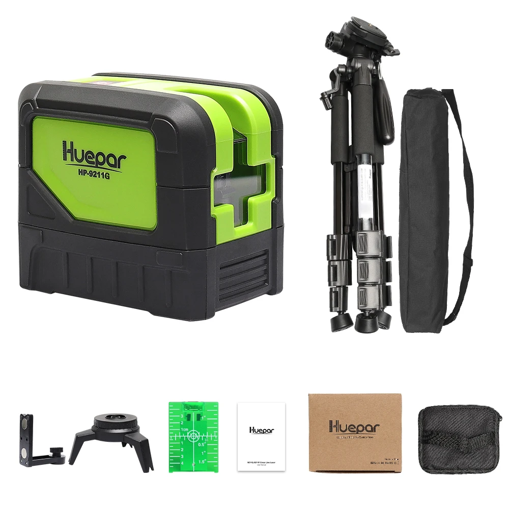 Huepar Green Beam Laser Level 2 Cross Lines 2 Points Professional 180 Degrees Self-leveling+Huepar Adjustable Laser Level Tripod