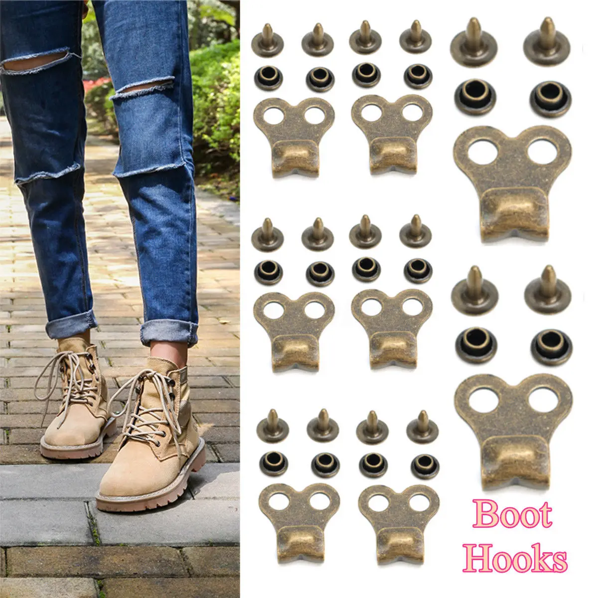 New 10Set Gunmetal Boot Hooks Lace Fittings With Rivets Camp Hike Climbing Repair