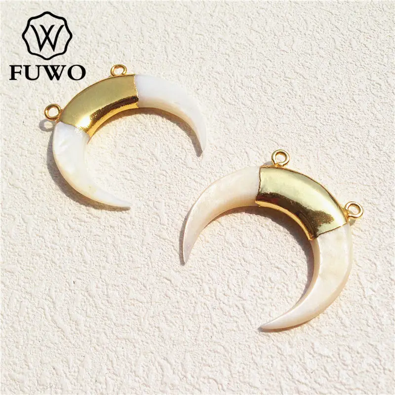 FUWO Wholesale Horn Shape Of White Shell Pendant,Golden Plated Crescent Jewelry Accessories For Necklace Making 5Pcs/Lot PD528