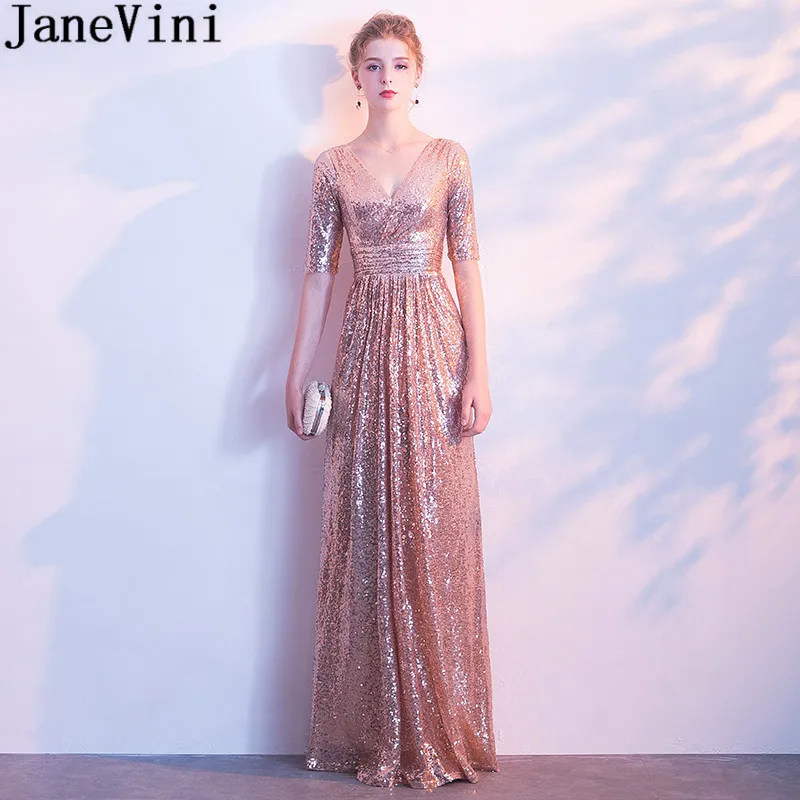 

JaneVini Shiny Rose Gold Sequins Bridesmaid Dresses With Sleeves Elegant V-Neck Long Wedding Party Dress 2018 Women Formal Gowns