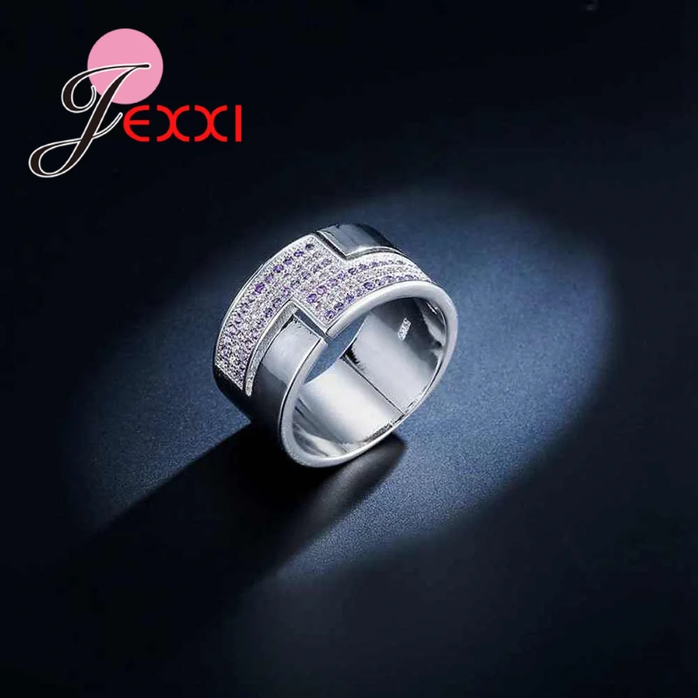 High Quality Wide Band 925 Sterling Silver Color Women Bridal Rings Micro Paved Shining Pink/Purple Cubic Zirconia Finger Anel