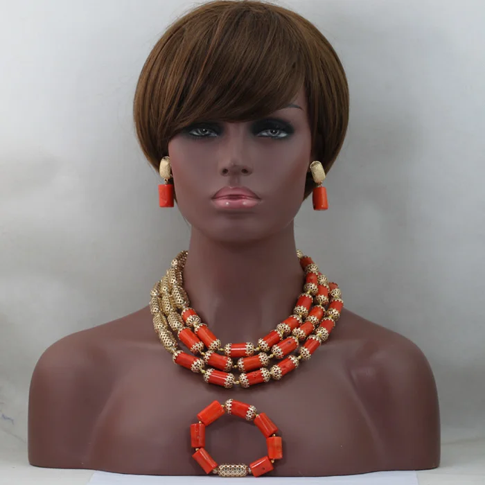 Dubai Luxury 3 Layers Wedding African Coral Beads Jewelry Set Natural Real Coral Beads Accessories for Bride Free ShippingABL784