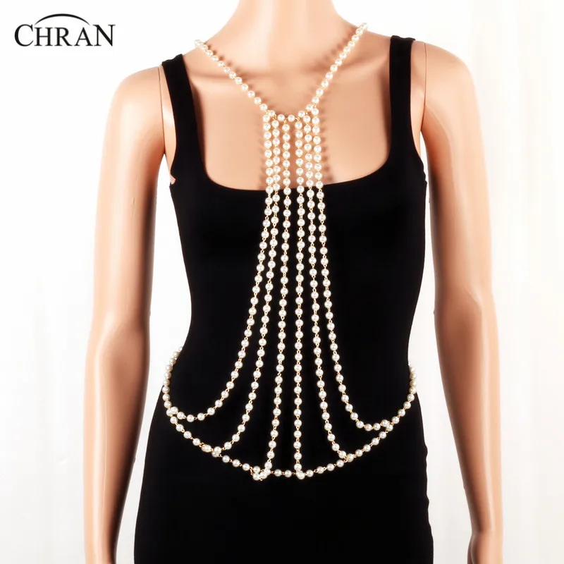 

Chran Beach Chain Bra Faux Pearl Long Harness Necklace For Women Chainmail EDC Outfit Belly Waist Wear Festival Jewelry CRBJ171