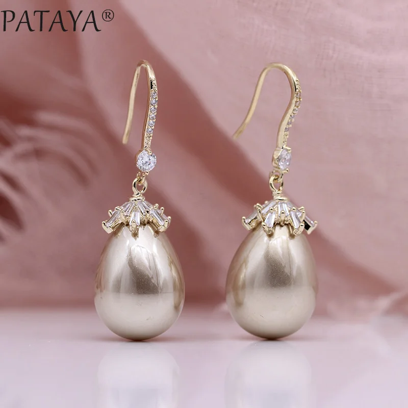 PATAYA New Oval Shell Pearls Long Earrings 585 Rose Gold Color Square Natural Zircon Women Luxury Fine Wedding Fashion Jewelry