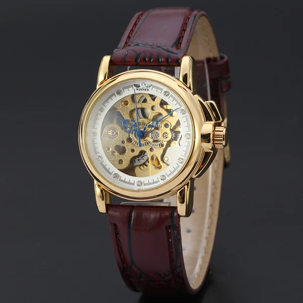 WINNER NEW Mechanical Wrist Watches Golden Dress Skeleton Diamond Dial  Fashion Casual Leather Men Women Montre