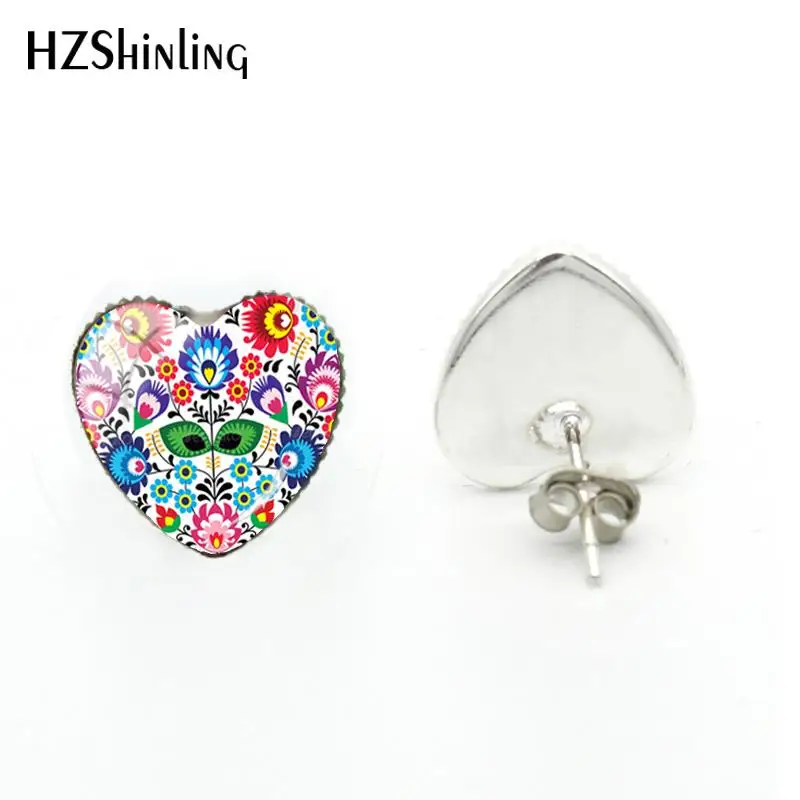 2018 New Polish Folk Pattern Heart Earring Glass Dome Photo Earrings Handmade Jewelry Art Ear Studs For Women