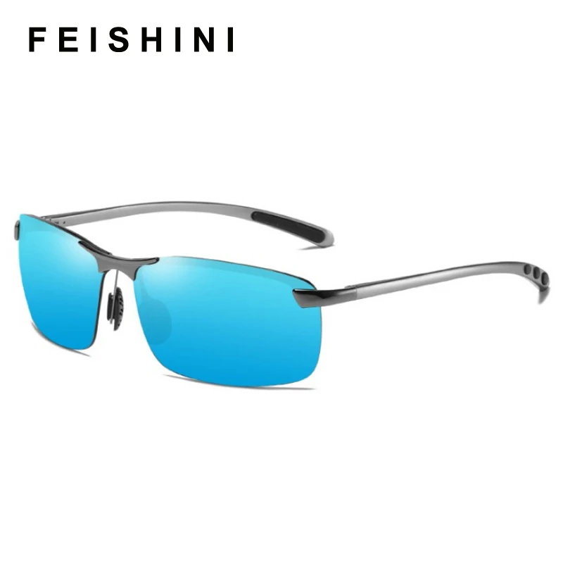 EISHINI Eyewear Brand Designer Rimless Frame Classic Aluminium Sunglasses Men Polarized light blue Mirror Sunglass driving