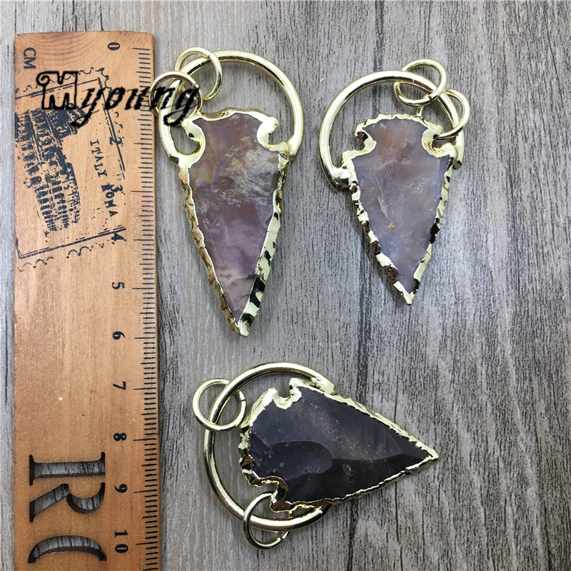 Arrowhead Pendants,Natural raw handmake carved Fossils Agates pendant With Pure Gold Color Loop Jewelry Making Charm MY1999