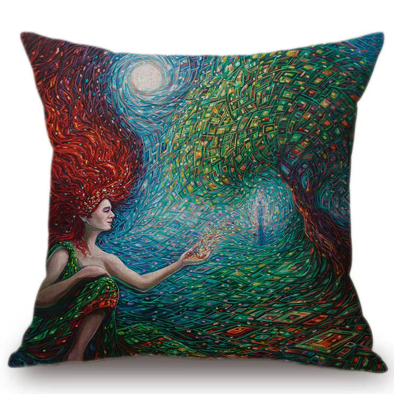 Green Art Mermaid Girl Natural Wonder Plant Modern Decoration Pillow For Sofa Cotton Linen Car Cushion Cover