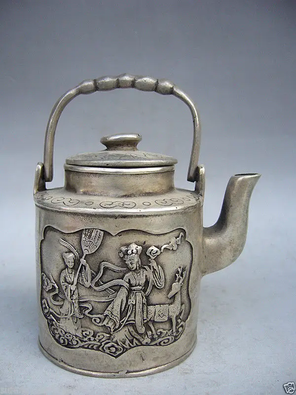 

Home Decor metal crafts Fairy Statue Old Tibet Silver Carved Portable teapot flagon