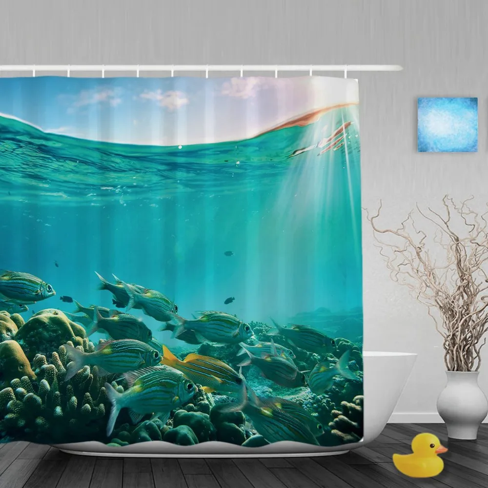 Tropical Sea Creatures Bathroom Shower Curtain Coral Reef Fish Floating Shower Curtains Waterproof Polyester Fabric With Hooks