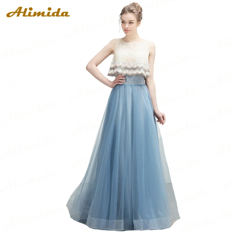 

ALIMIDA A-Line Evening Dress Long 2020 Sleeveless Lace Prom Dresses Crystal Appliques Party Dress robe de soiree