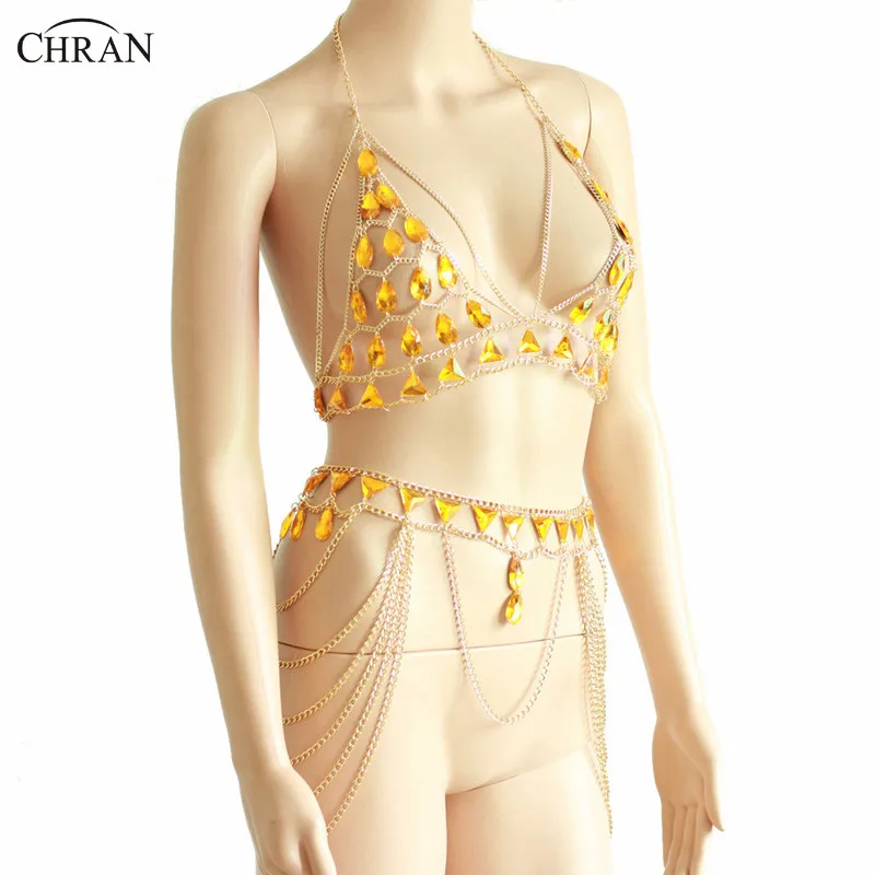 Chran Festival Cosplay Wear Sequin Chainmail Bralette Body Chain Jewelry Sexy Bikini Multilayer Chain Skirt