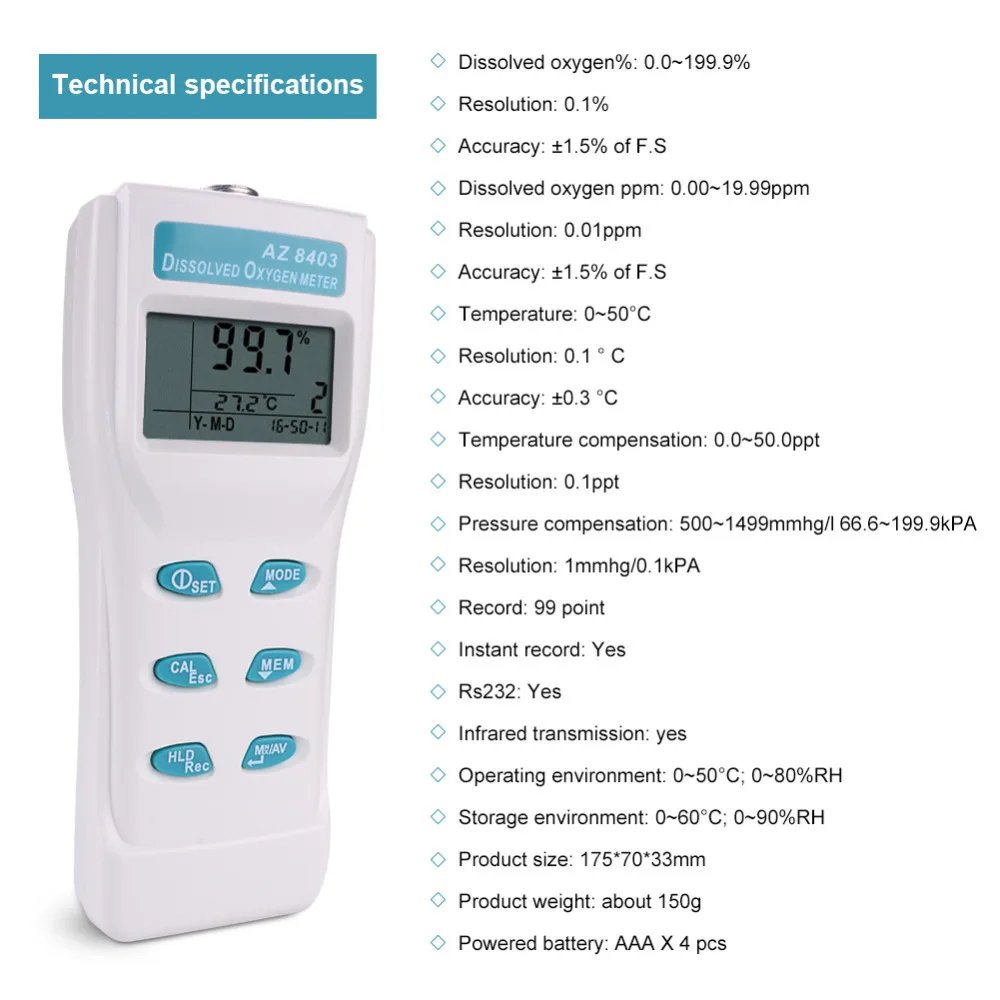 Portable Dissolved Oxygen Meter AZ8403 Dissolved Oxygen Meter 0.0~199.9% for Aquaculture ,Experimental Study,Sewage treatment