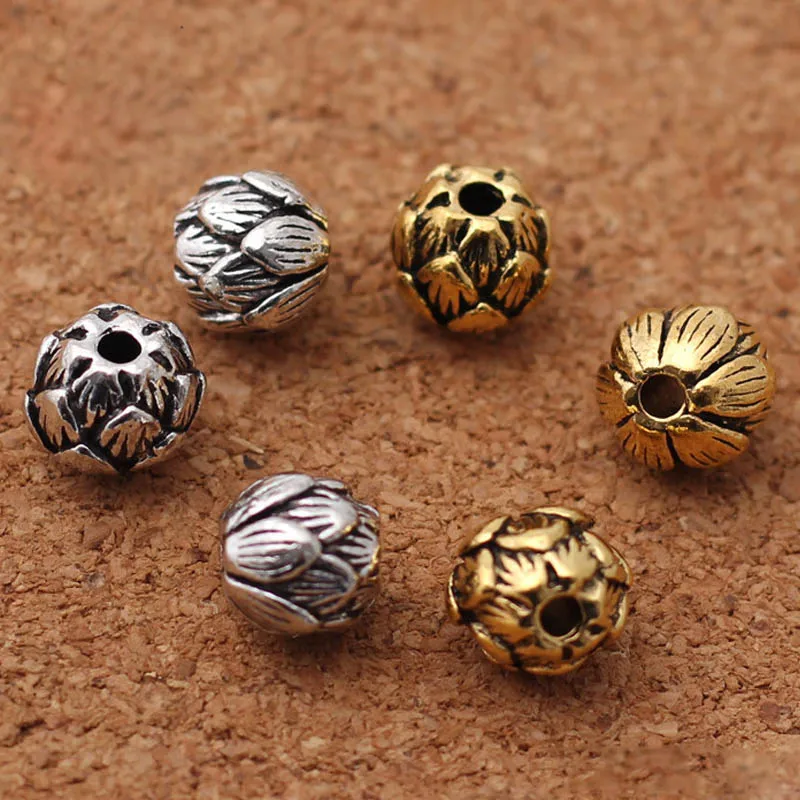 

10pcs/lot Vintage Tibetan Silver Gold Color Lotus Charm Beads 10mm Handmade Zinc Alloy Beaded Spacer Fit Bracelets DIY Jewelry