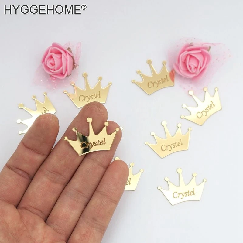 50pcs Personalized Mirror Crown Wedding Tags Table Center Decoration Card Acrylic Name Sign Stickers Party Favors Laser Cut Gift