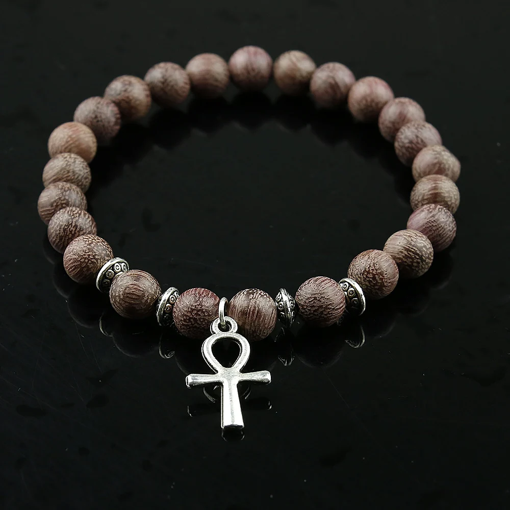 Men Wood Beads Bracelets Natural Violets Wood Egyptian Ankh Cross Bead Bracelet Wooden Women Girls Egypt Hieroglyphs,Crux Ansata