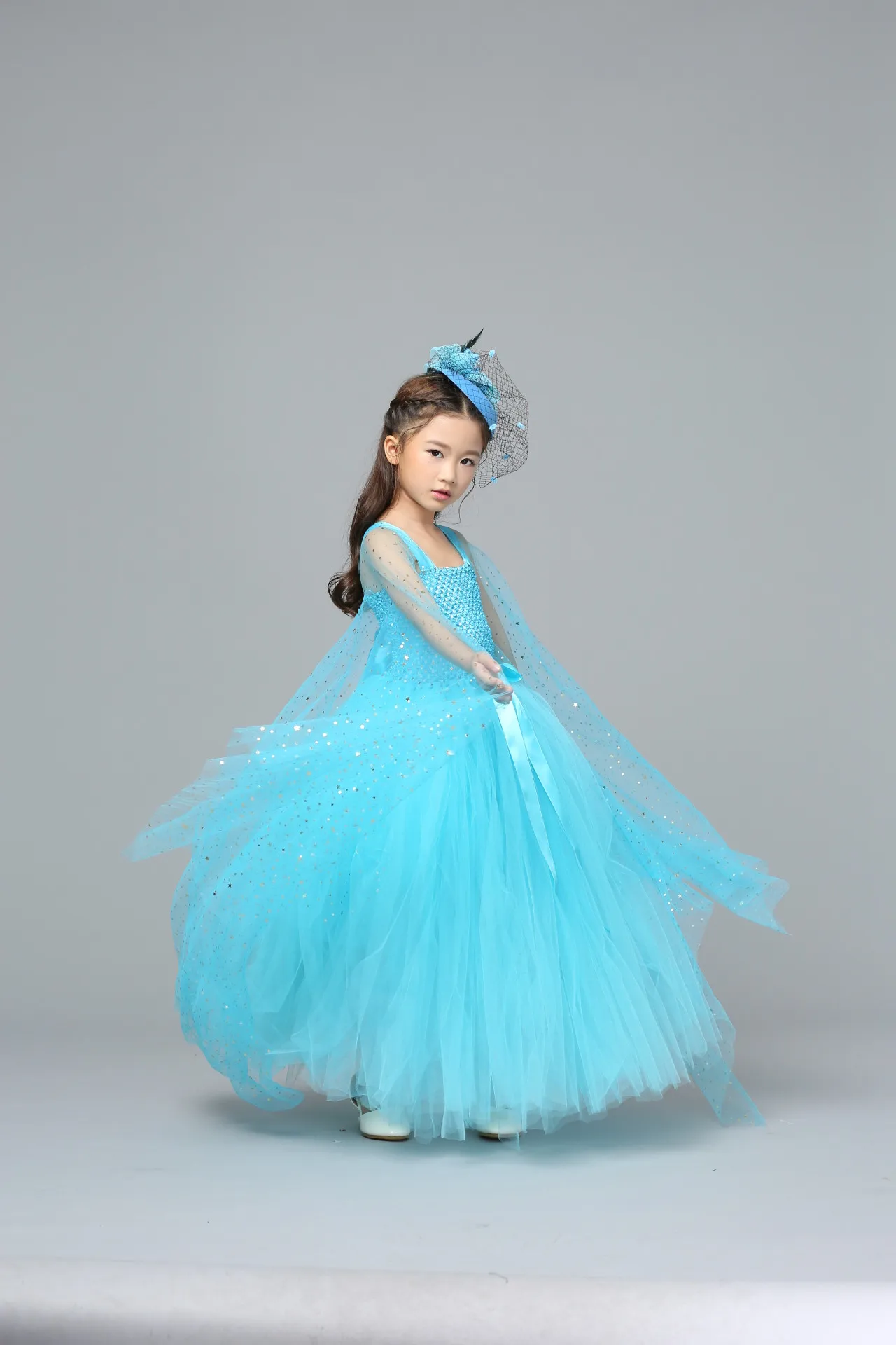 POSH DREAM Vintage Turquoise Blue Girls Sequin Tutu Dress for Wedding Party Spark Tulle Cape Fairy Children Photograph Clothes