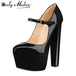 Onlymaker Women Platform Mary Janes Heeled Heels Wave Strap cinturino alla caviglia Fashion Black Pumps