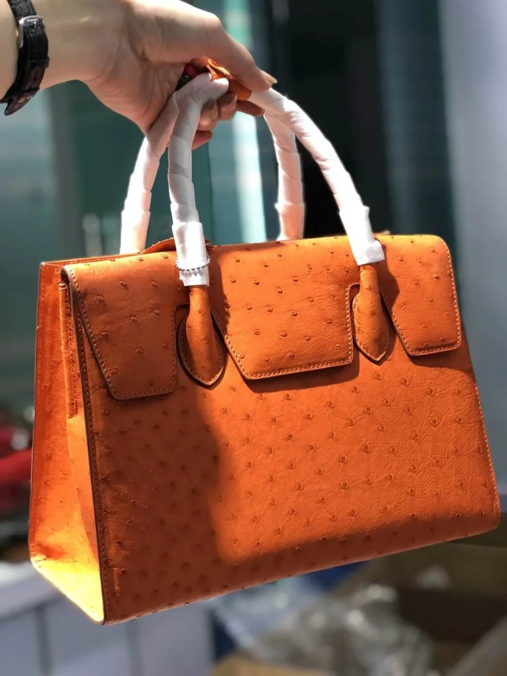 100% genuine real ostrich skin women tote bag top level quality full grain Ostrich skin women tote handbag orange purple pink