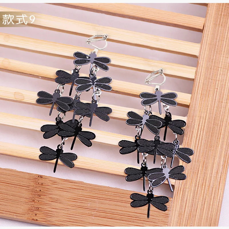 JIOFREE Fashion Long Vintage Colorful dragonfly Clip on Earrings for Women Boho Statement Non Pierced Charm Jewelry
