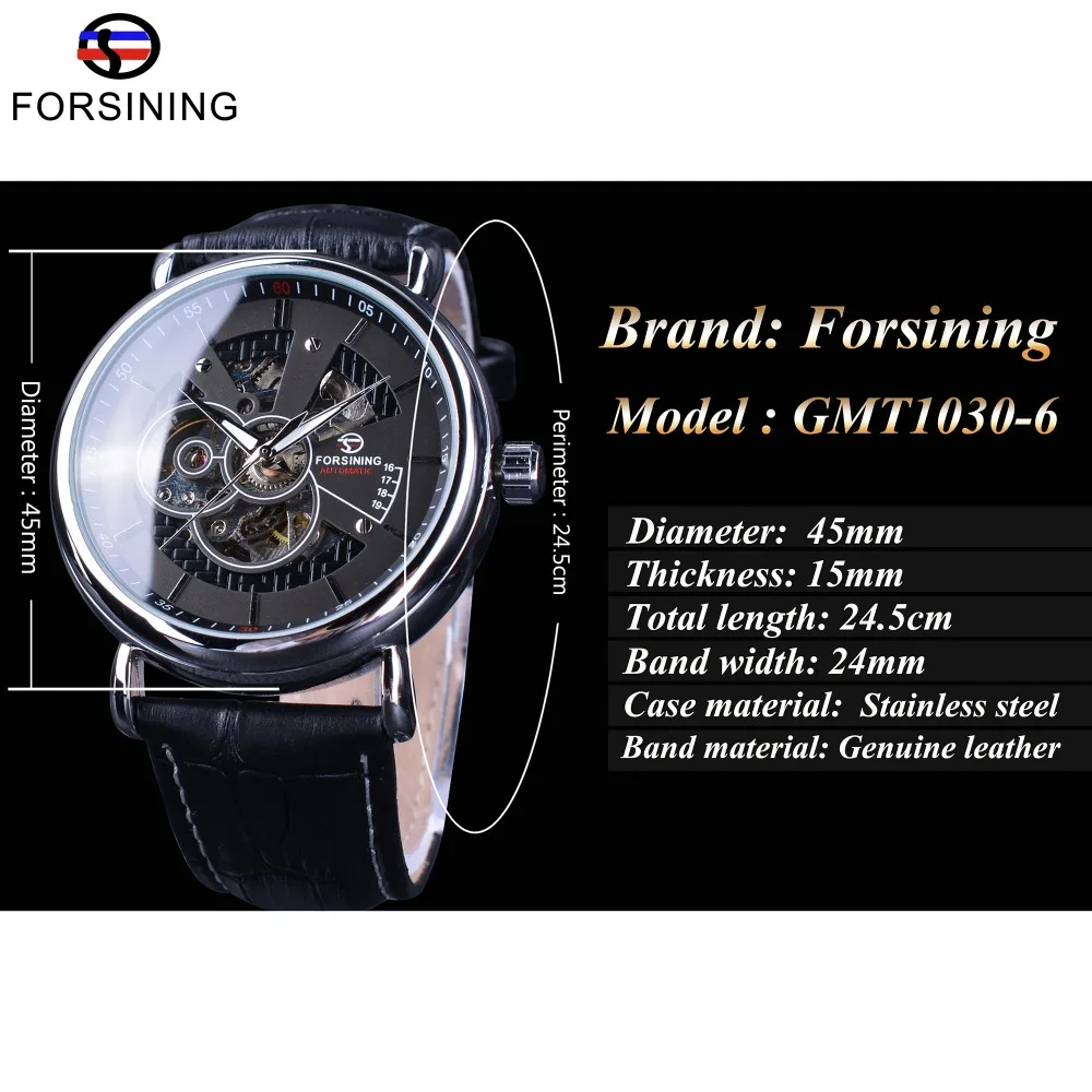 Forsining Silver Black Fashion Skeleton Design Leather Casual Transparent Steampunk Mens Automatic Wrist Watch Top Brand Luxury