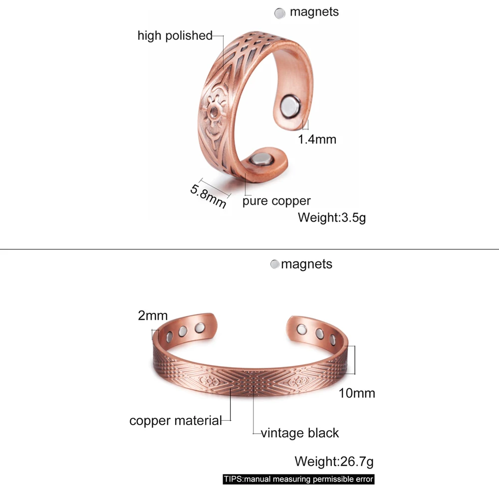 Vinterly Magnetic Jewelry Sets for Women Men Health Bracelet Ring Jewelry Sets Vintage Adjustable Open Cuff Copper Bangles Rings