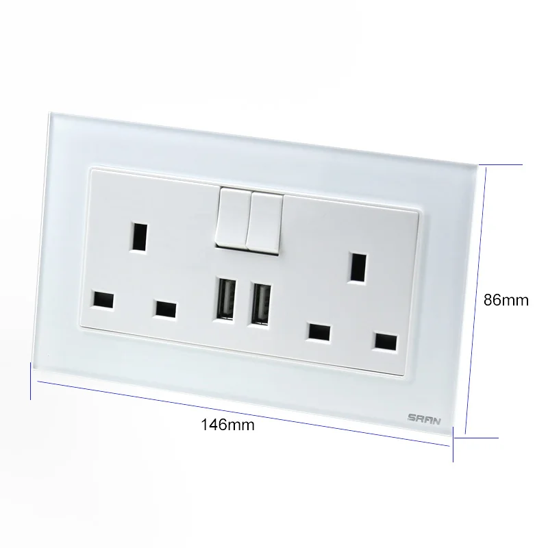 High quality double row double 3 hole British foreign trade import socket with button switch socket toughened glass panel 13A