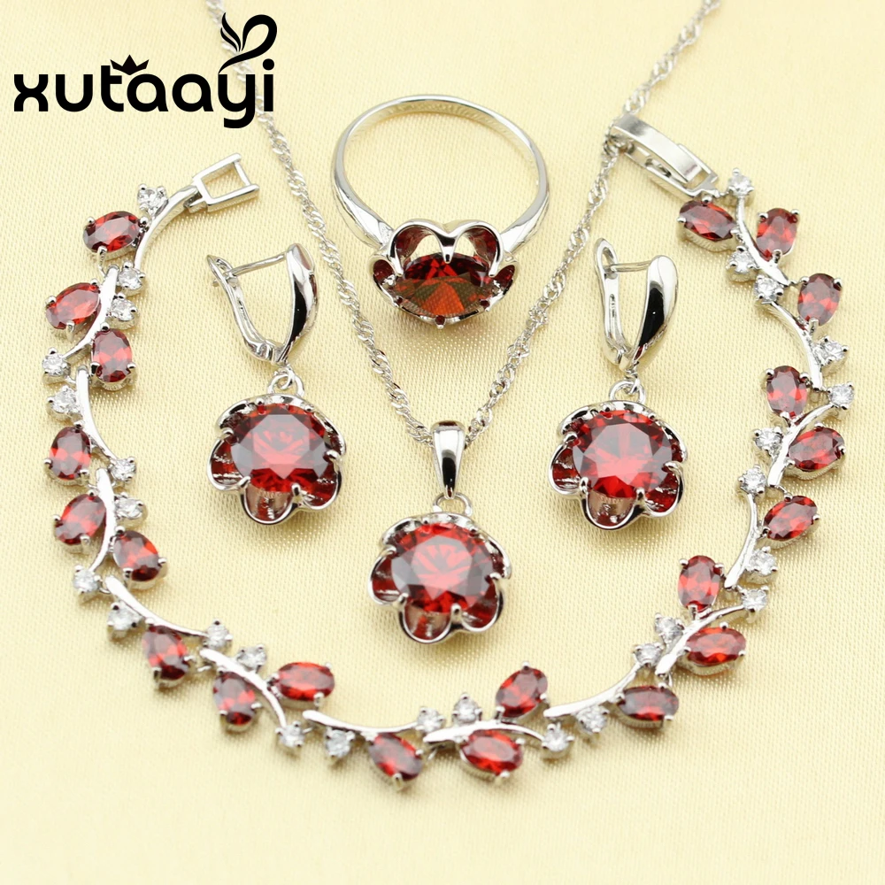 Cheerful  Sterling Silver Women Jewelry Set Red Created Garnet Four Piece Sets Ring Necklace Pendant Bracelet Earring