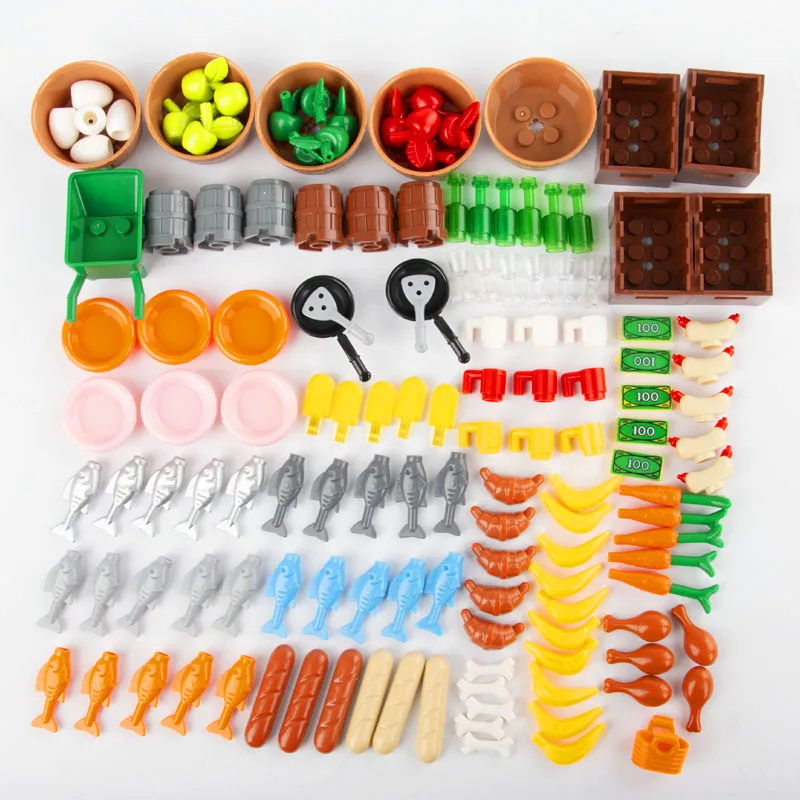 MOC Building Blocks Set Fruit Fish Food Banana Bread Basket Cup Tool Bricks City Accessories Compatible Figures Toys Friend D045