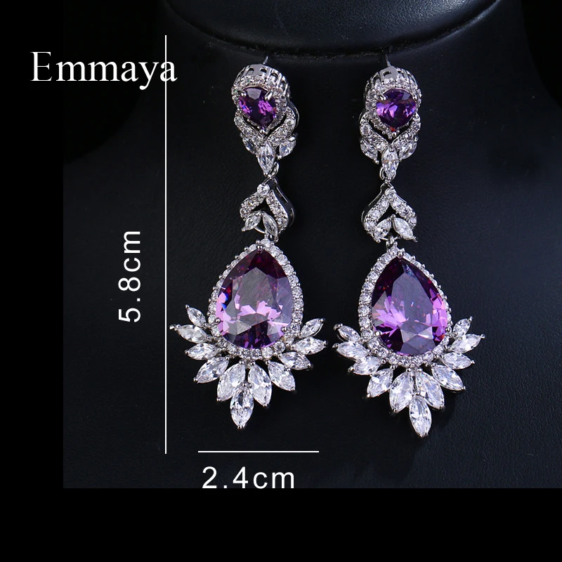 Emmaya Brand Sliver Color Water Drop Shape Purple Zircon Crystal Pendant Stud Earrings For Women Bridal Wedding Jewelry