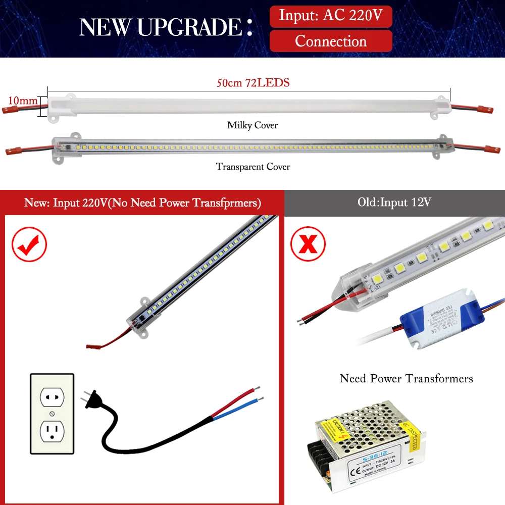 Światła świetlne LED 220 V wysoka jasność 2835 50 cm 72 diody LED oświetlenie listwy świetlne świetlówki świetlówki do witryny kuchennej